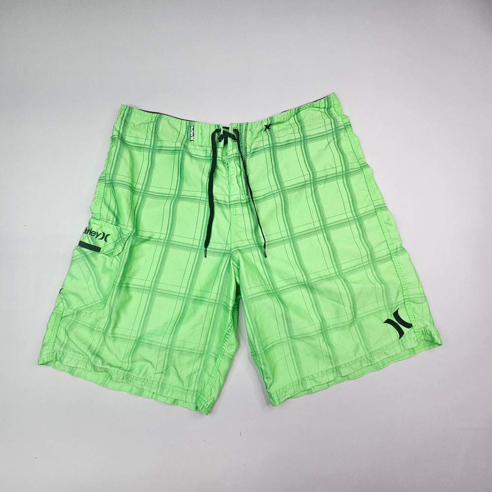 Hurley Board Shorts Men 38 Lime Green Plaid Recycled Polyester Surf Swim Trunks